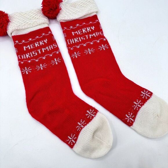 Vintage Knit Christmas Stockings 2 Pair Merry Christmas Red White Silver Retro - Picture 1 of 7